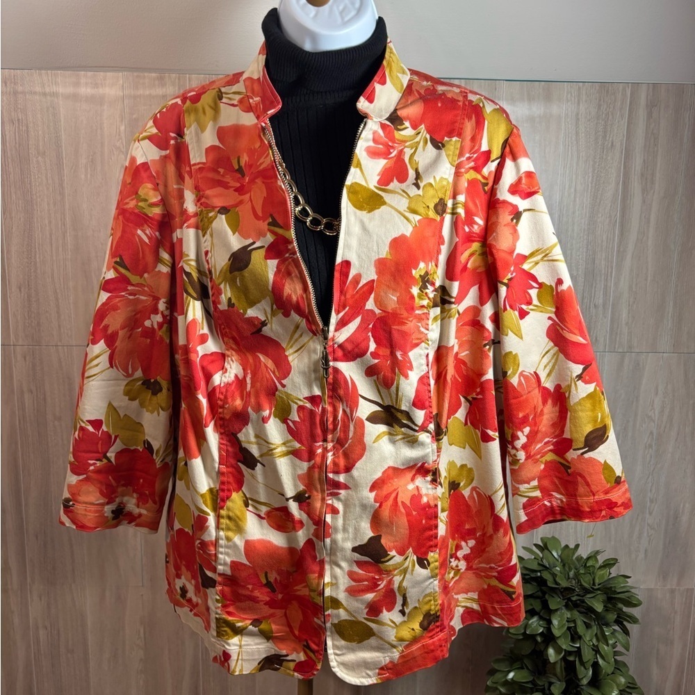 Christopher & Banks Reddish Orange Green Cream Floral Blazer Jacket